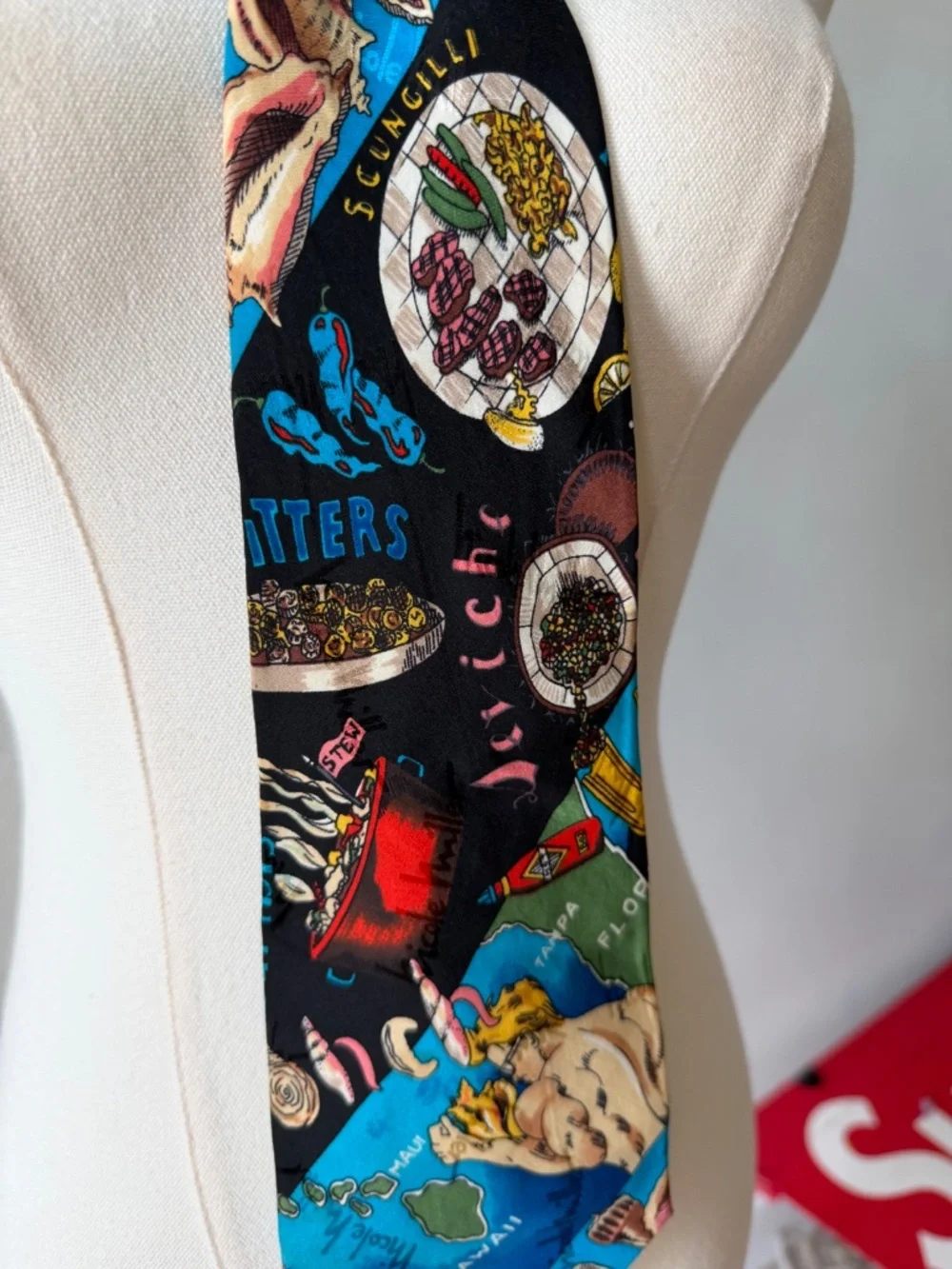 Vintage Nicole Miller 1994 Silk Neck Tie Vacation Print, Seafood, Whimsical